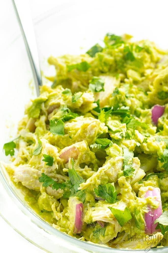 Chicken salad with avocado in a large bowl