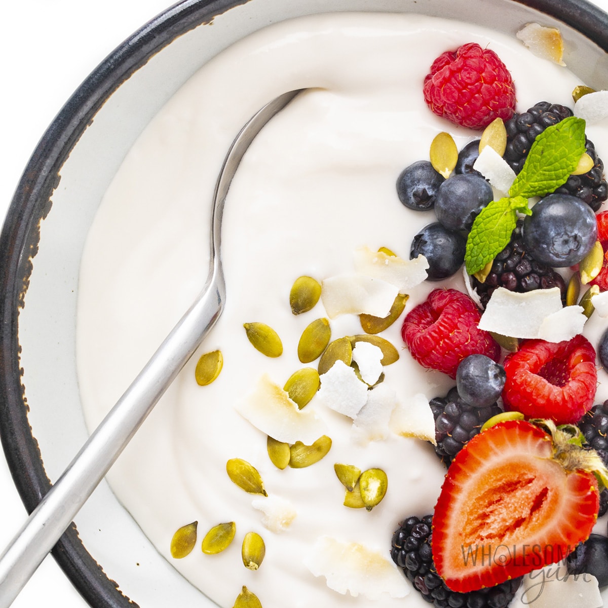 Dairy free coconut yogurt close up in a bowl
