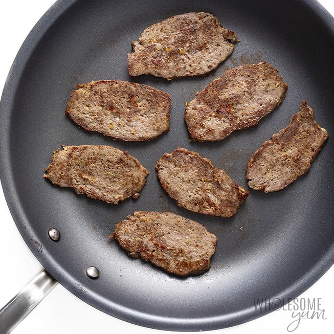 Sliced gyro meat in a nonstick skillet