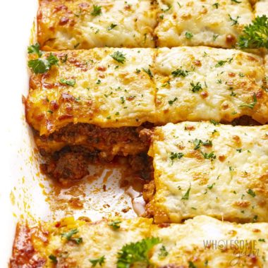 Keto lasagna recipe in a baking dish cut into pieces