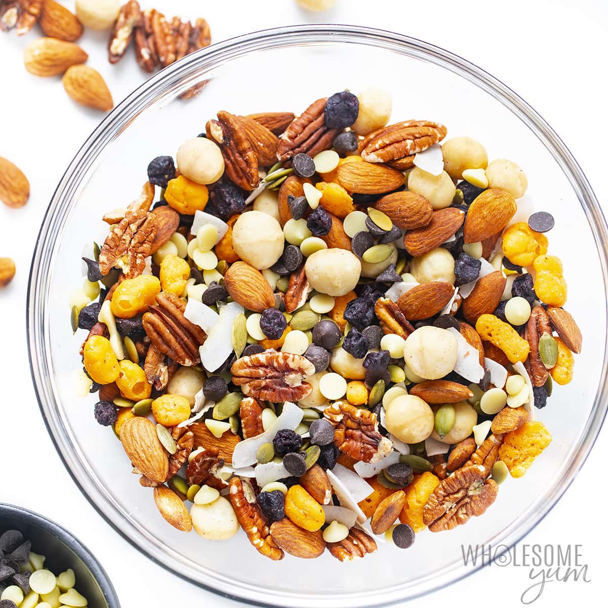 Bowl of keto trail mix in a glass bowl