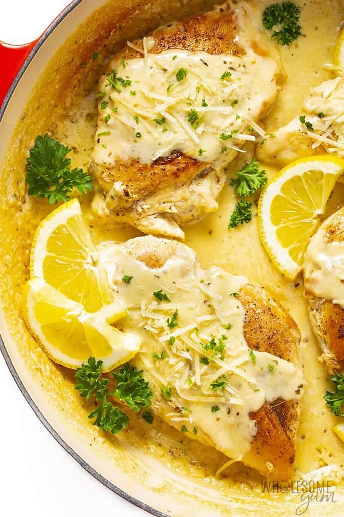 Lemon parmesan chicken in a pan