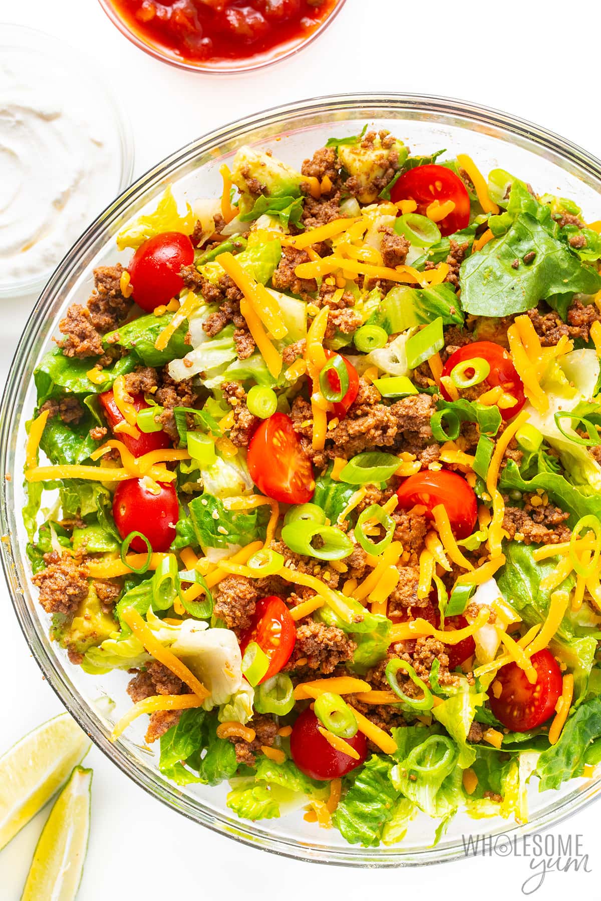 Taco salad in a large bowl, close up.