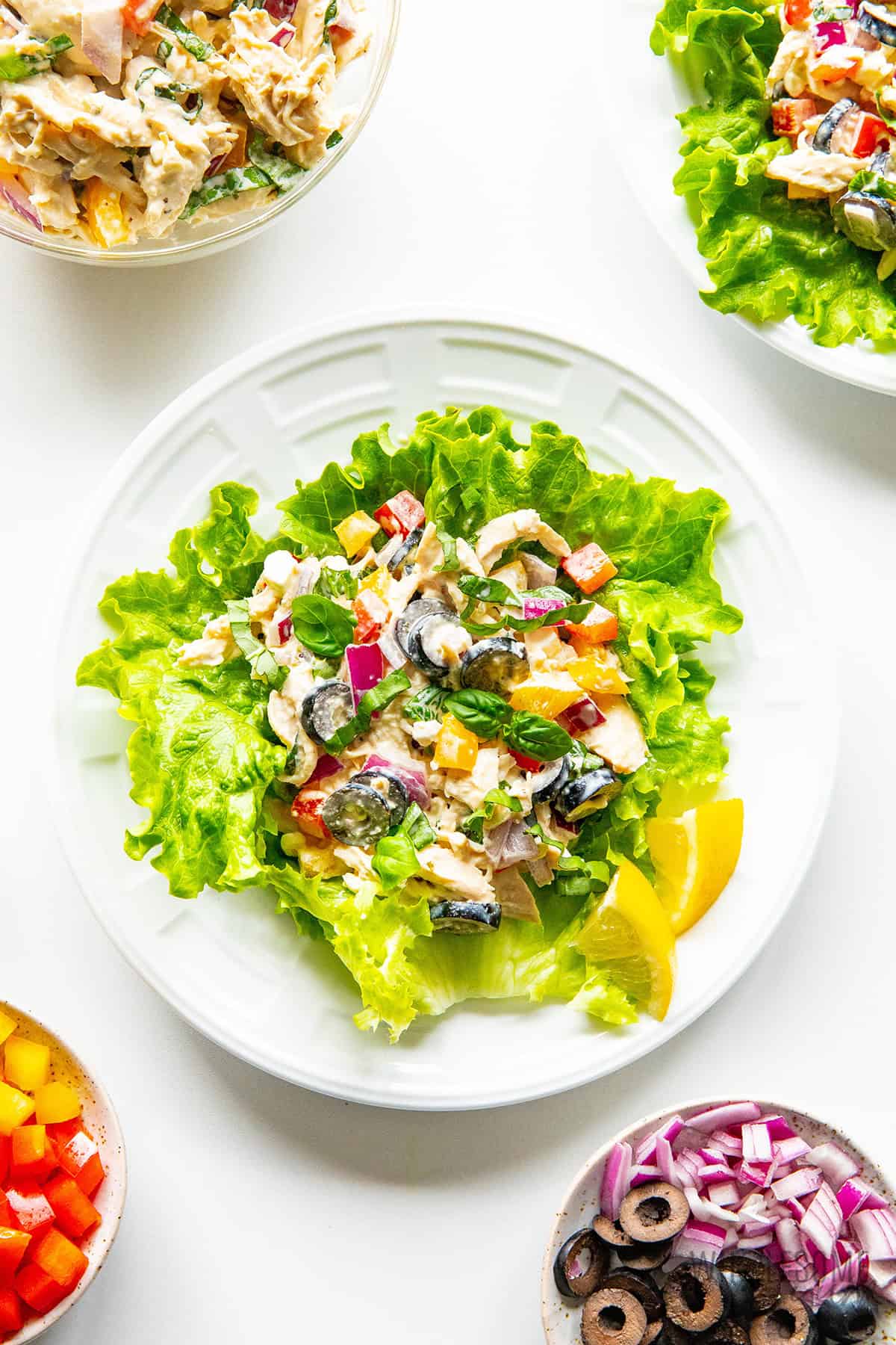 Mediterranean chicken salad served in lettuce leaves.