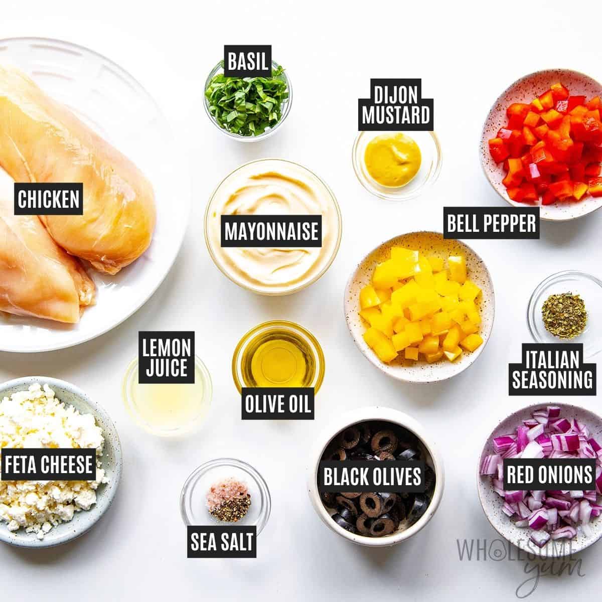 Labeled recipe ingredients: Shredded chicken, veggies, feta cheese, fresh basil, mayo, lemon juice, olive oil, Dijon mustard, Italian seasoning, salt, and pepper.