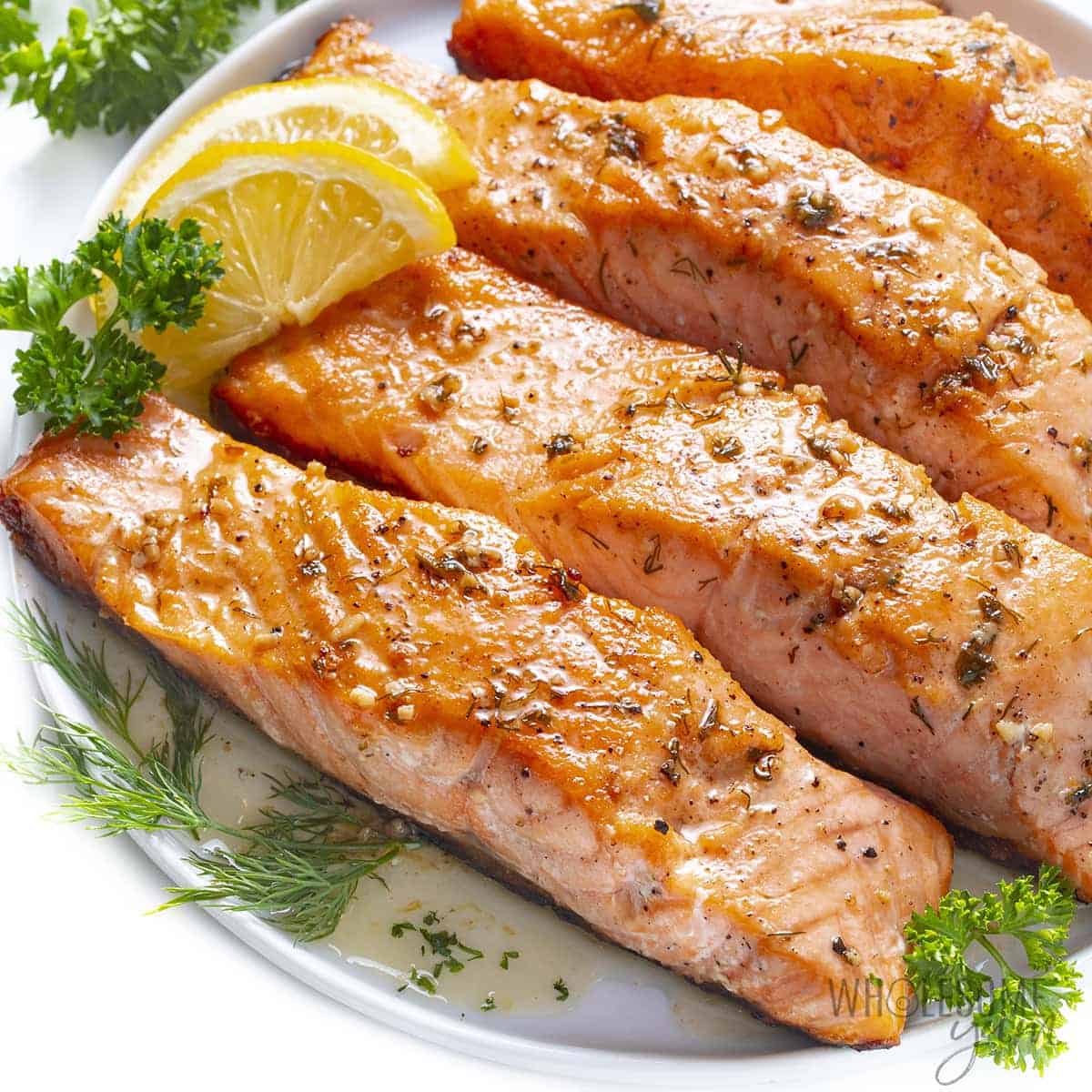 Perfect pan seared salmon fillets on a plate