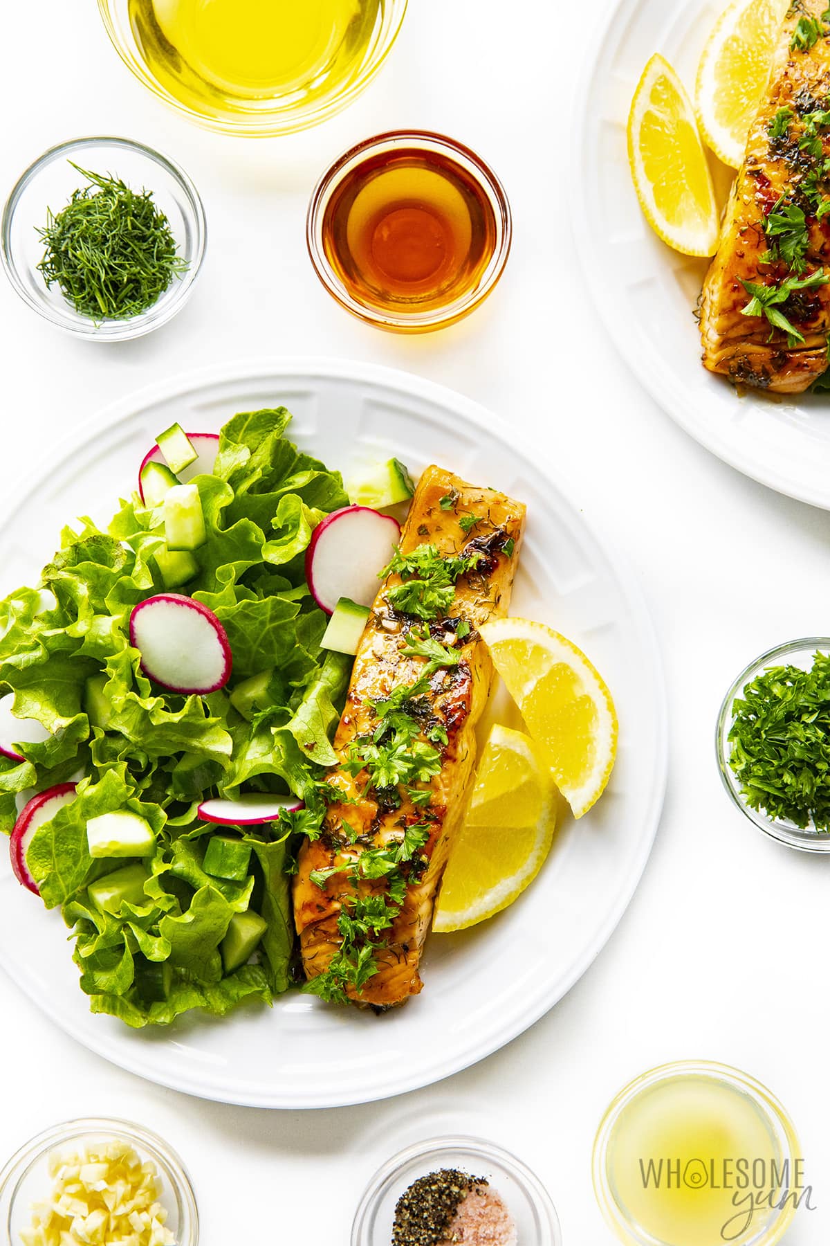 The best salmon marinade is on the plate after cooking with the salad.