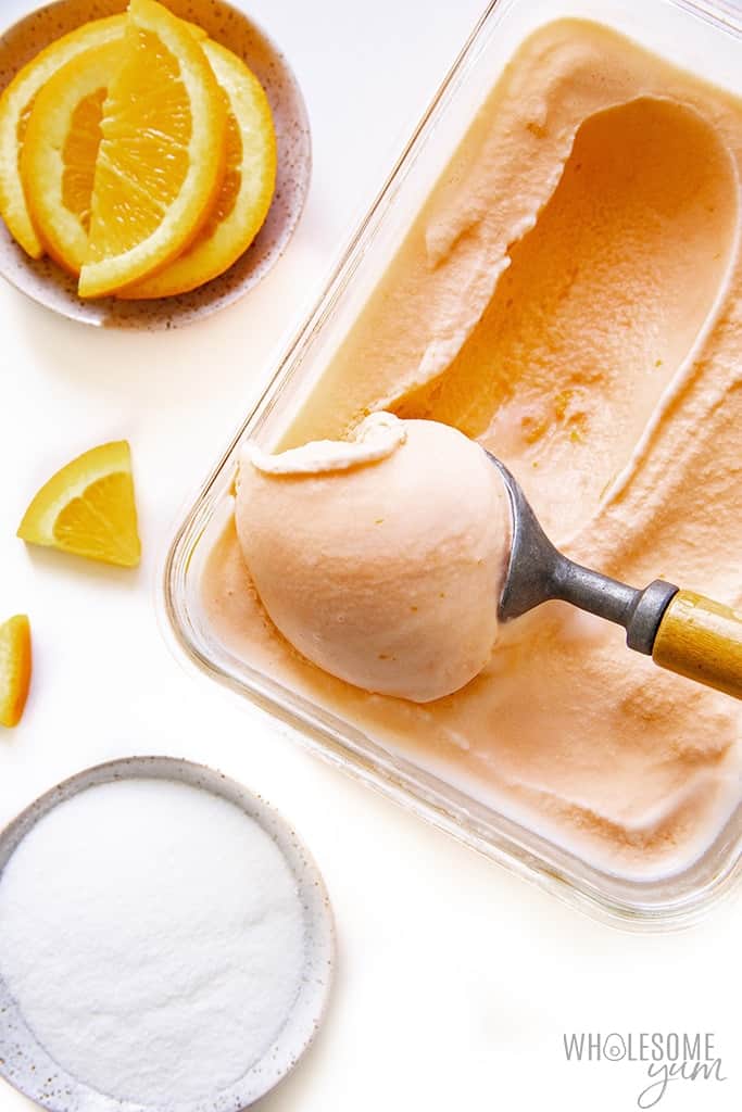Sugar free orange sherbet recipe with a scoop