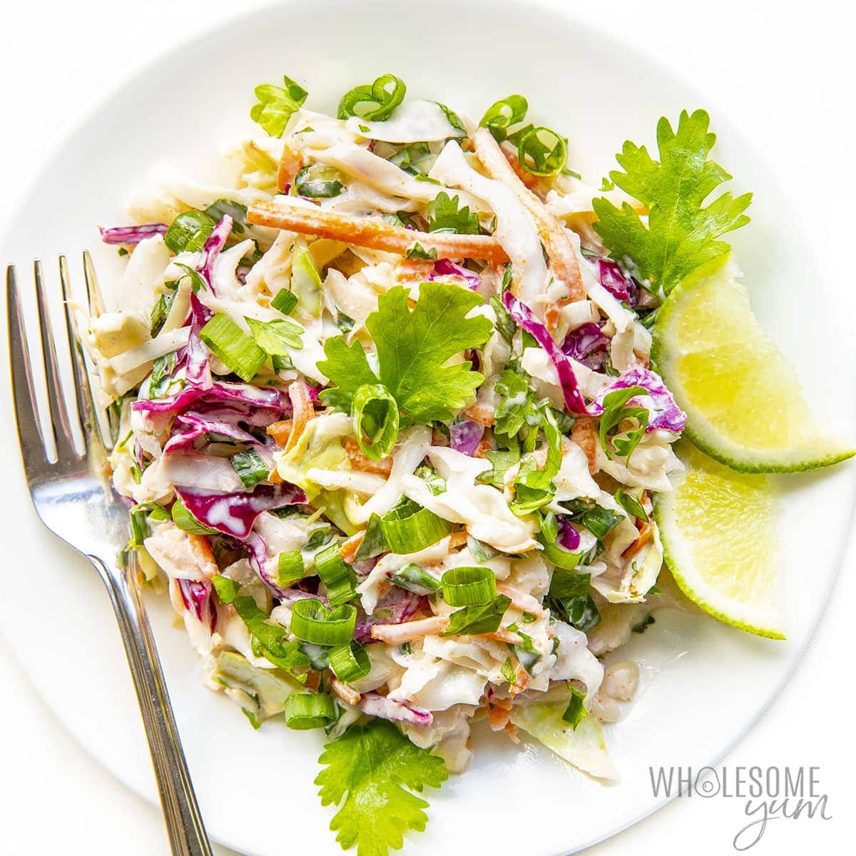 Keto Mexican slaw plated with lime slices and fork