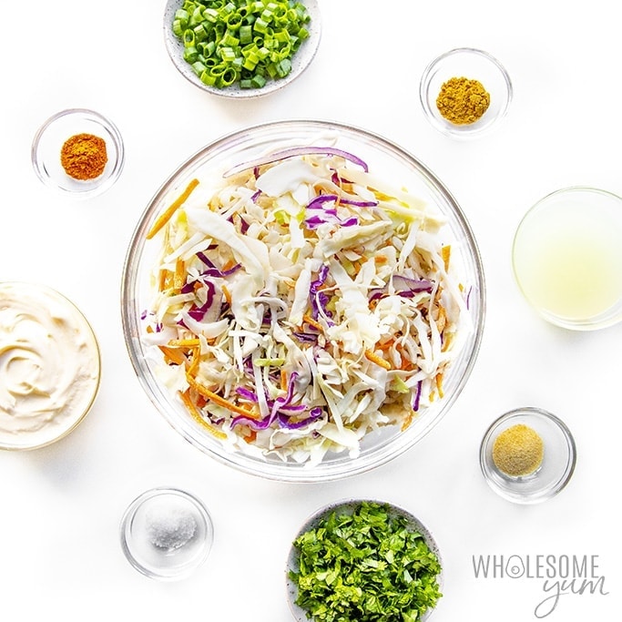 Cilantro lime slaw ingredients in bowls