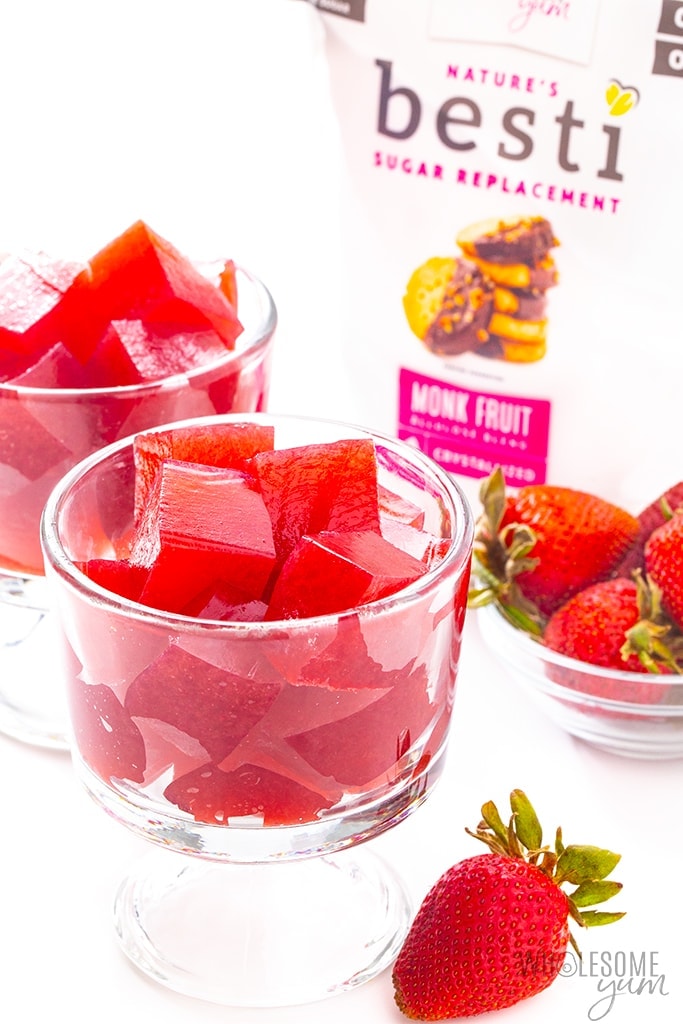 Sugar free jello in dishes with package of Besti monk fruit allulose blend