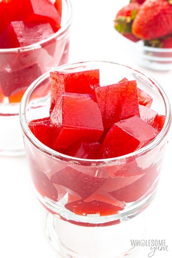 Homemade strawberry jello in a dish - side view