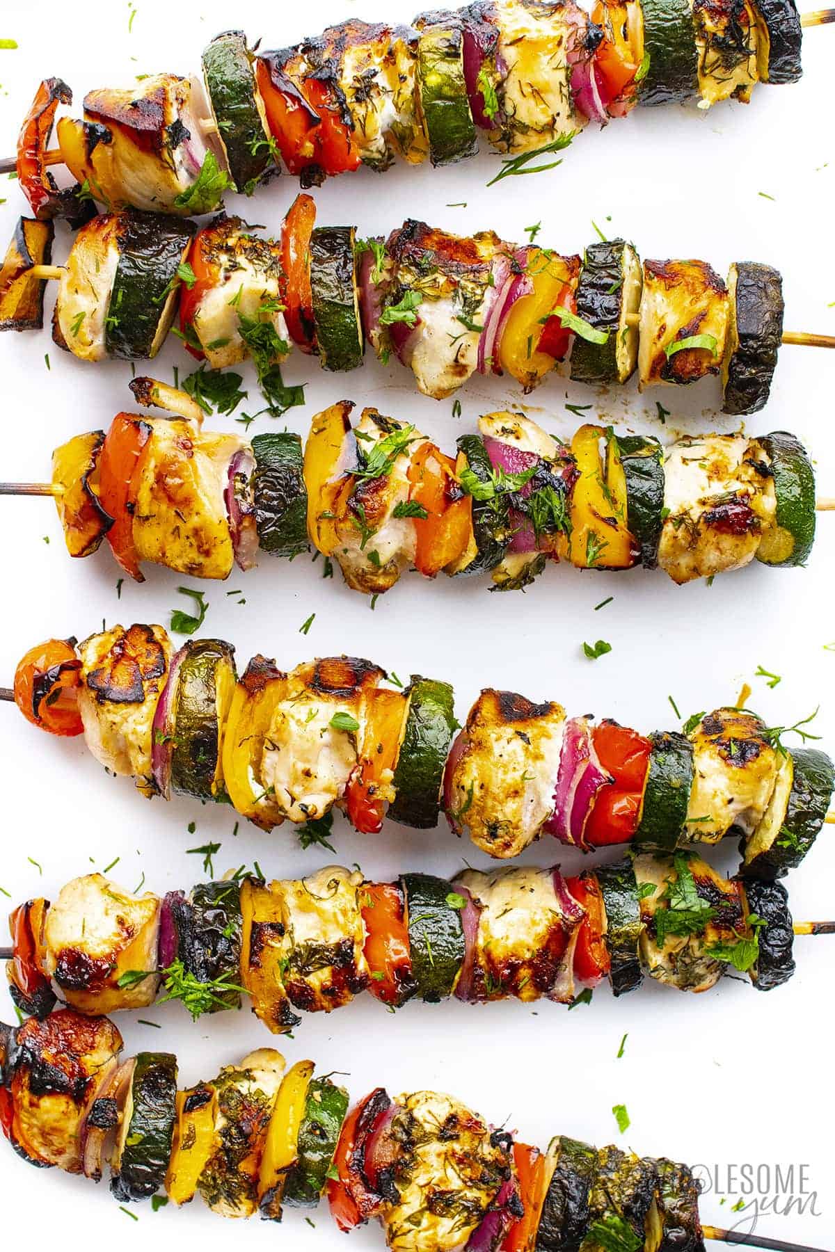Chicken and vegetable  on skewers.