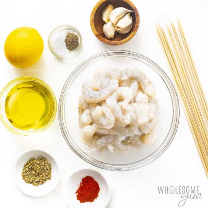 Shrimp skewers recipe ingredients in bowls