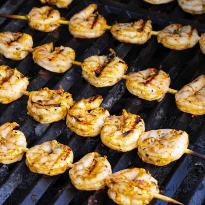 Bbq shrimp skewers on the grill