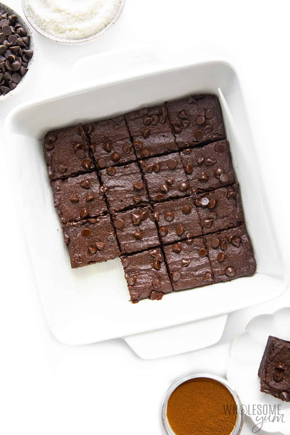 Cooled coconut flour brownies in a baking dish