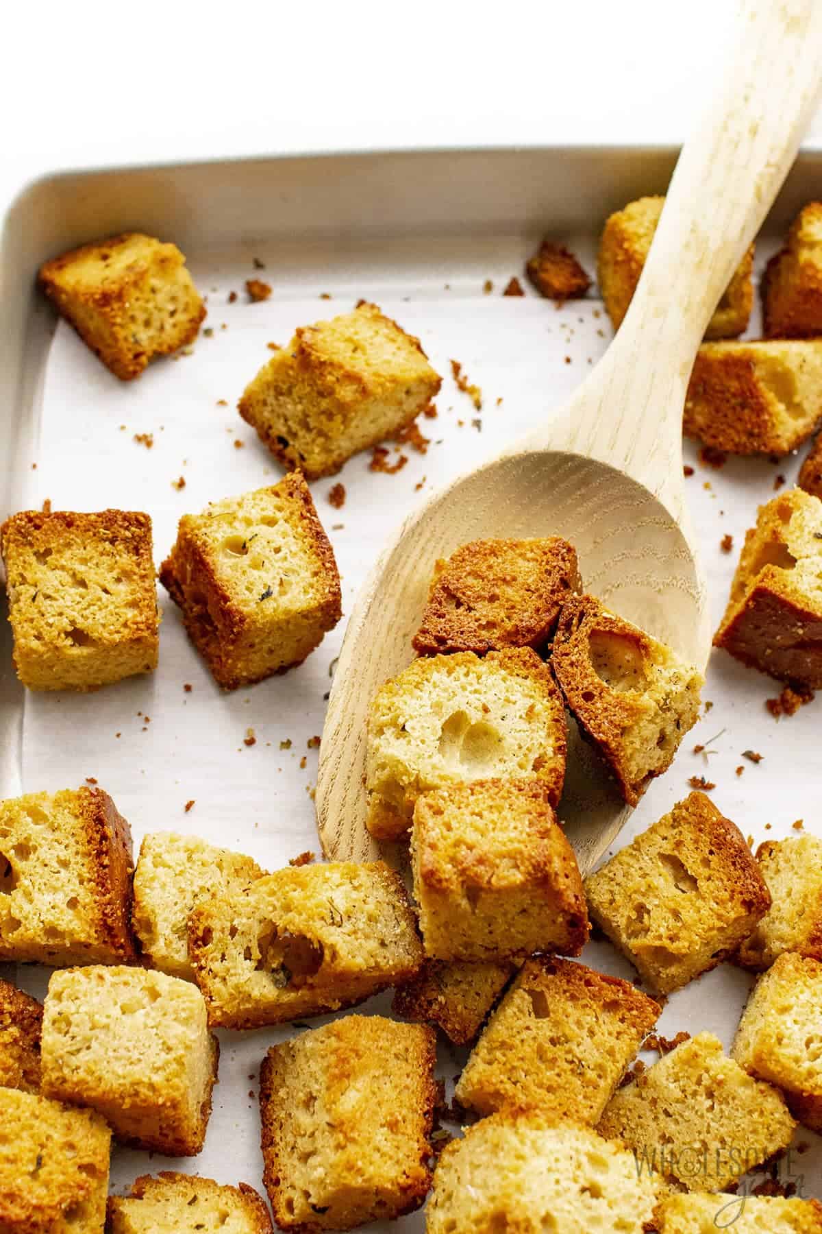 Low carb croutons on a spoon