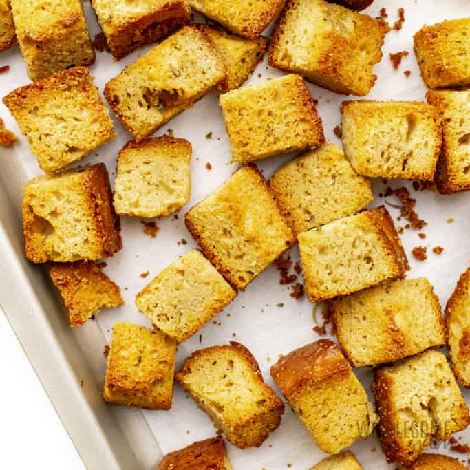 Baked low carb croutons on a baking sheet