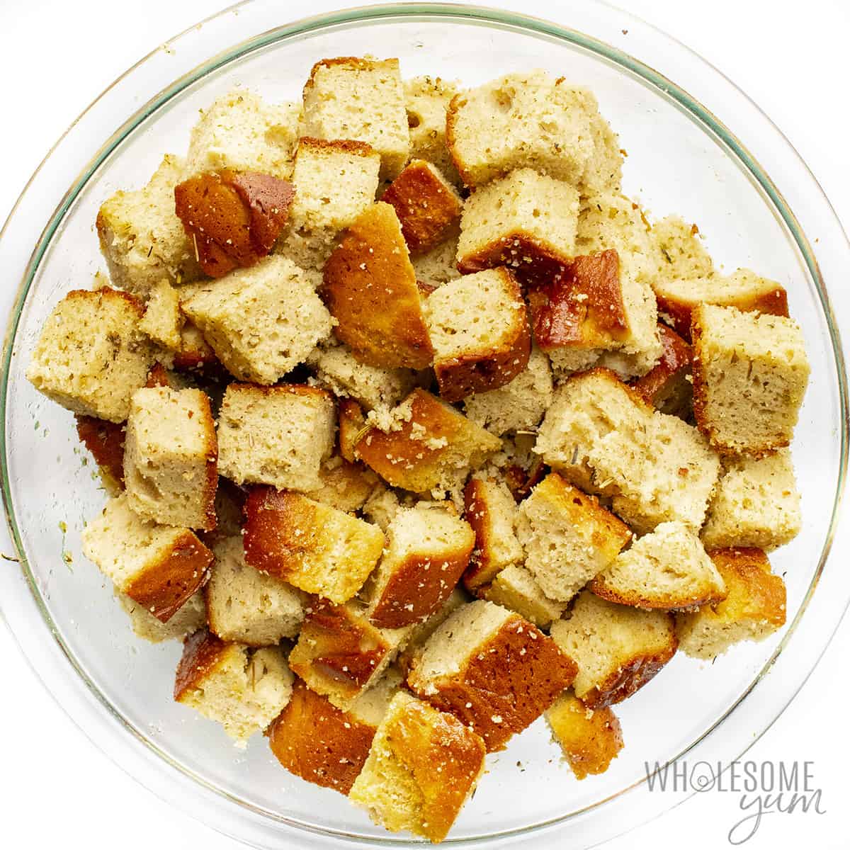 Seasonings and bread cubes mixed in a big bowl