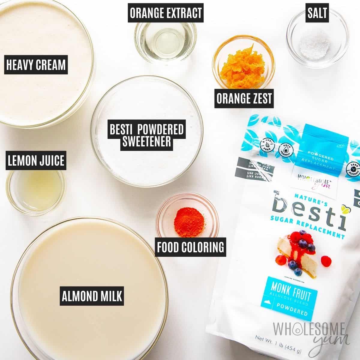 Labeled recipe ingredients: Almond milk, cream, powdered Besti, orange extract, orange zest, lemon juice, sea salt, and natural food coloring.