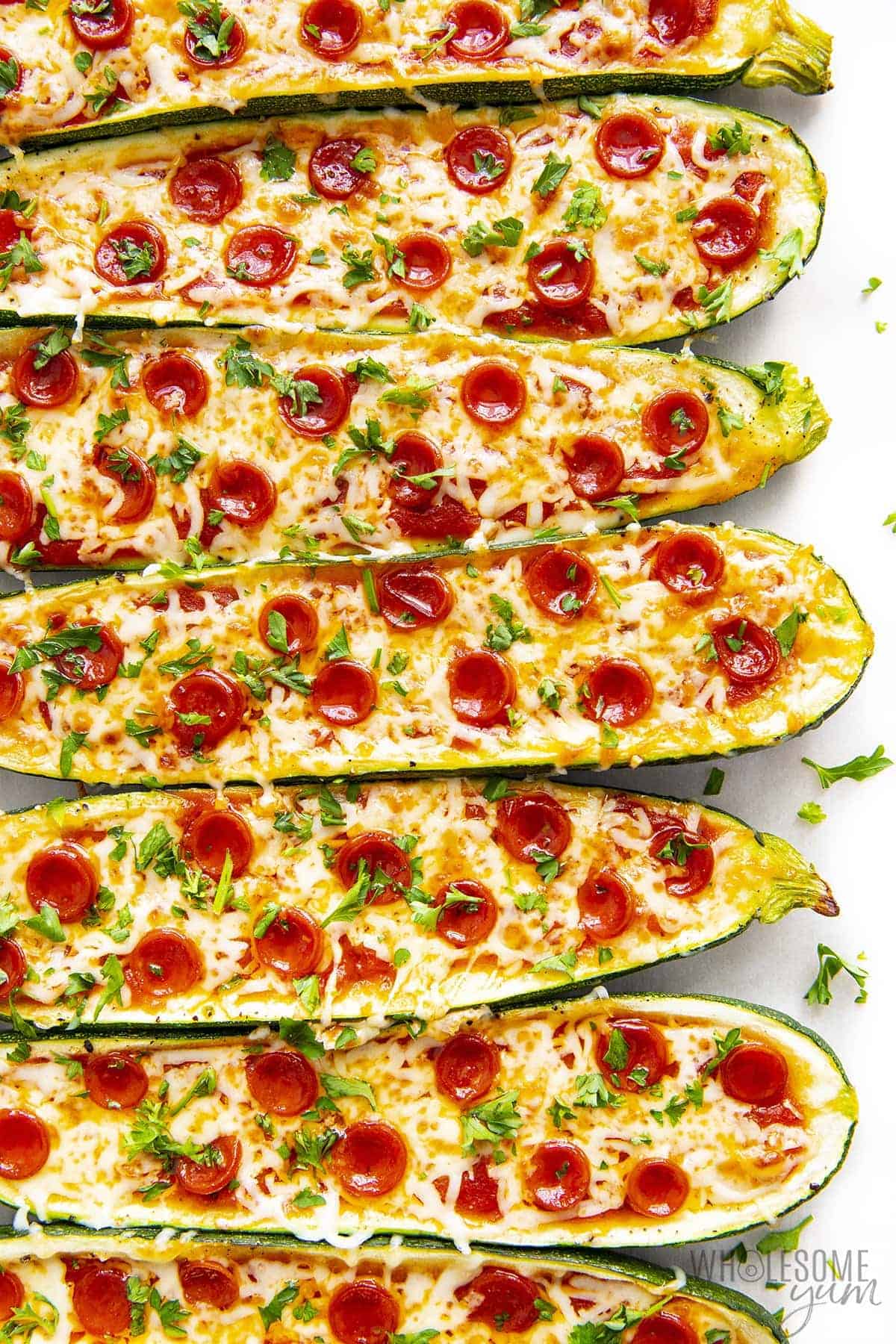 Zucchini pizza boats with pepperoni