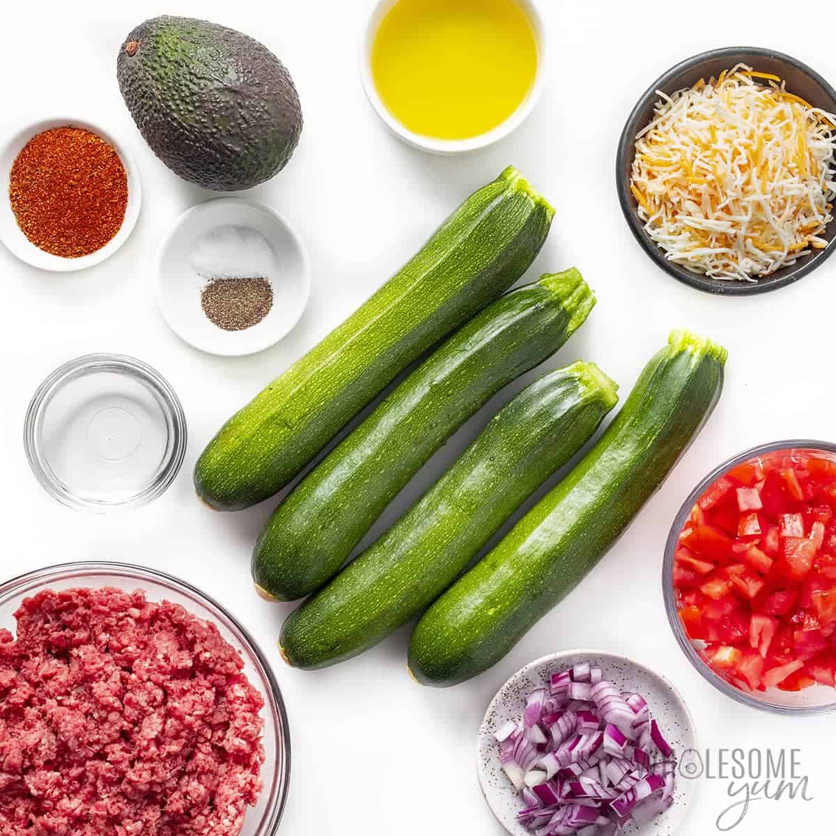 Ingredients to make taco zucchini boats