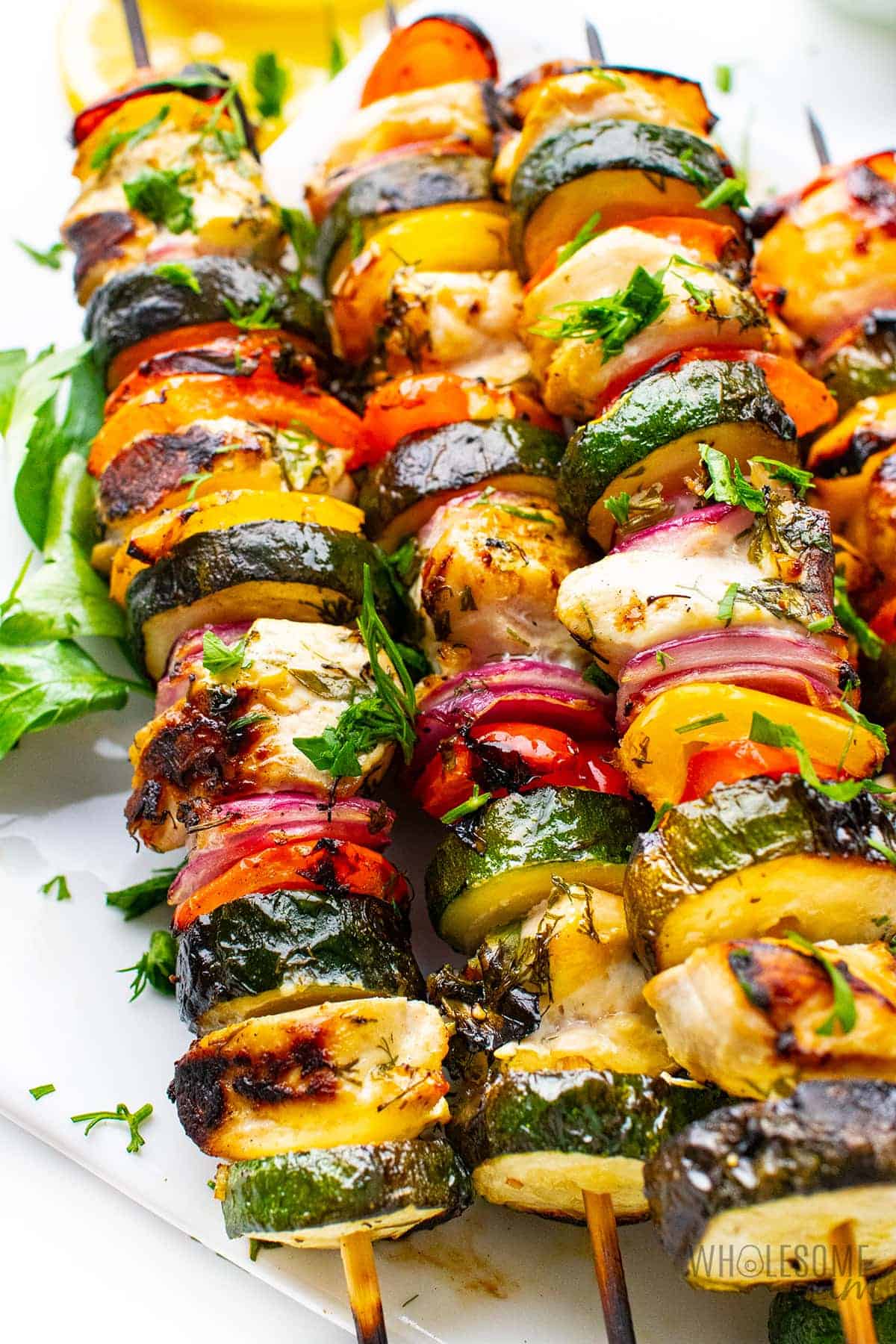 Perfect grilled chicken kabobs, ready to eat.