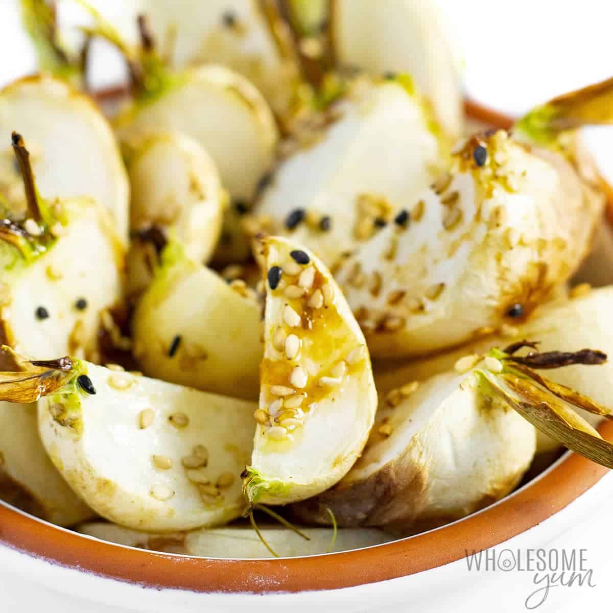 Japanese turnips with miso dressing in bowl