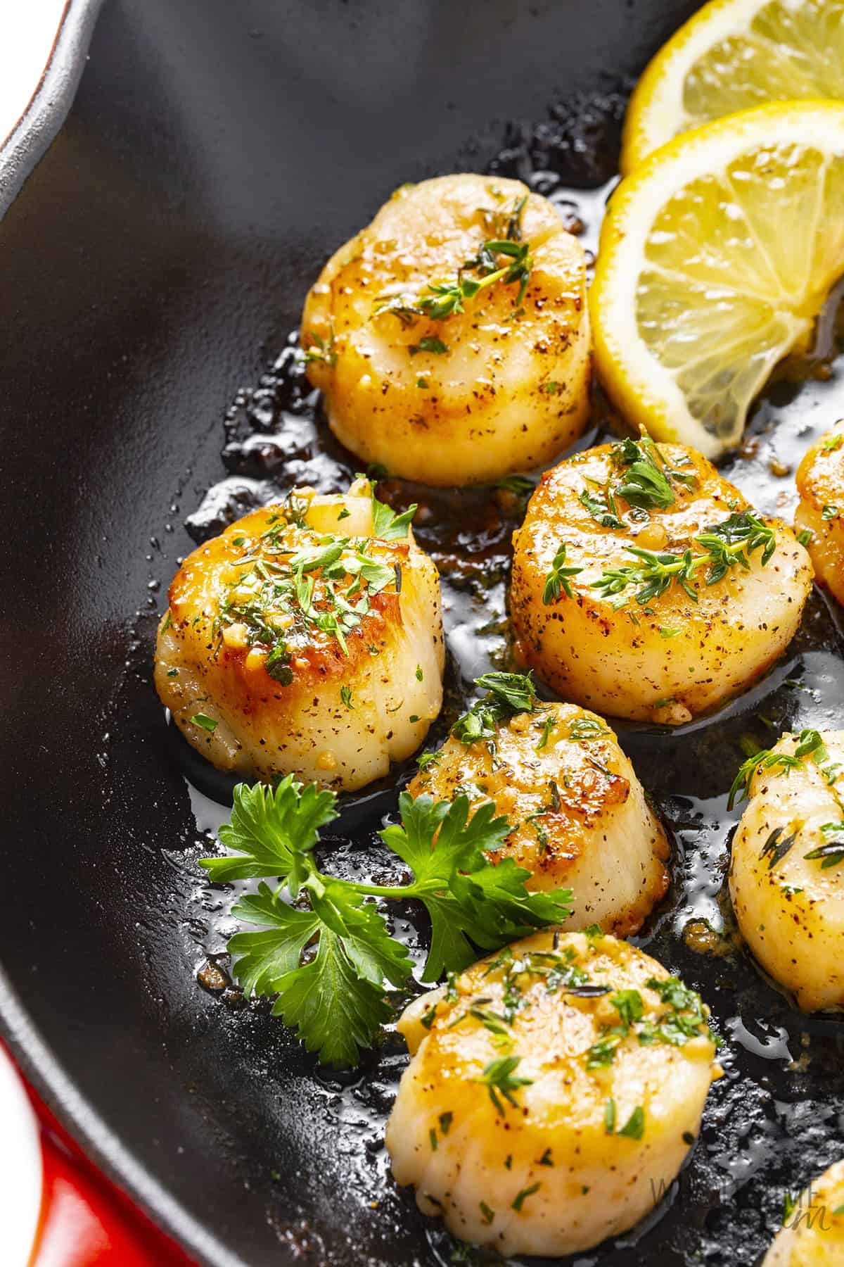 Skillet with seared sea scallops and lemon