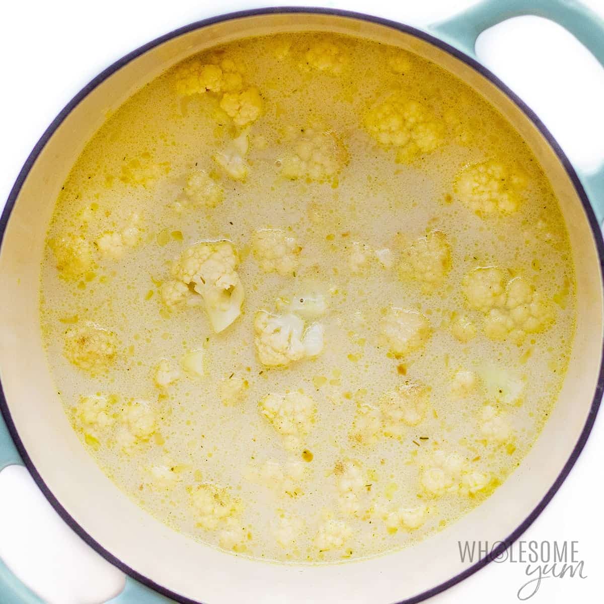 Cauliflower cheddar soup mixture in dutch oven