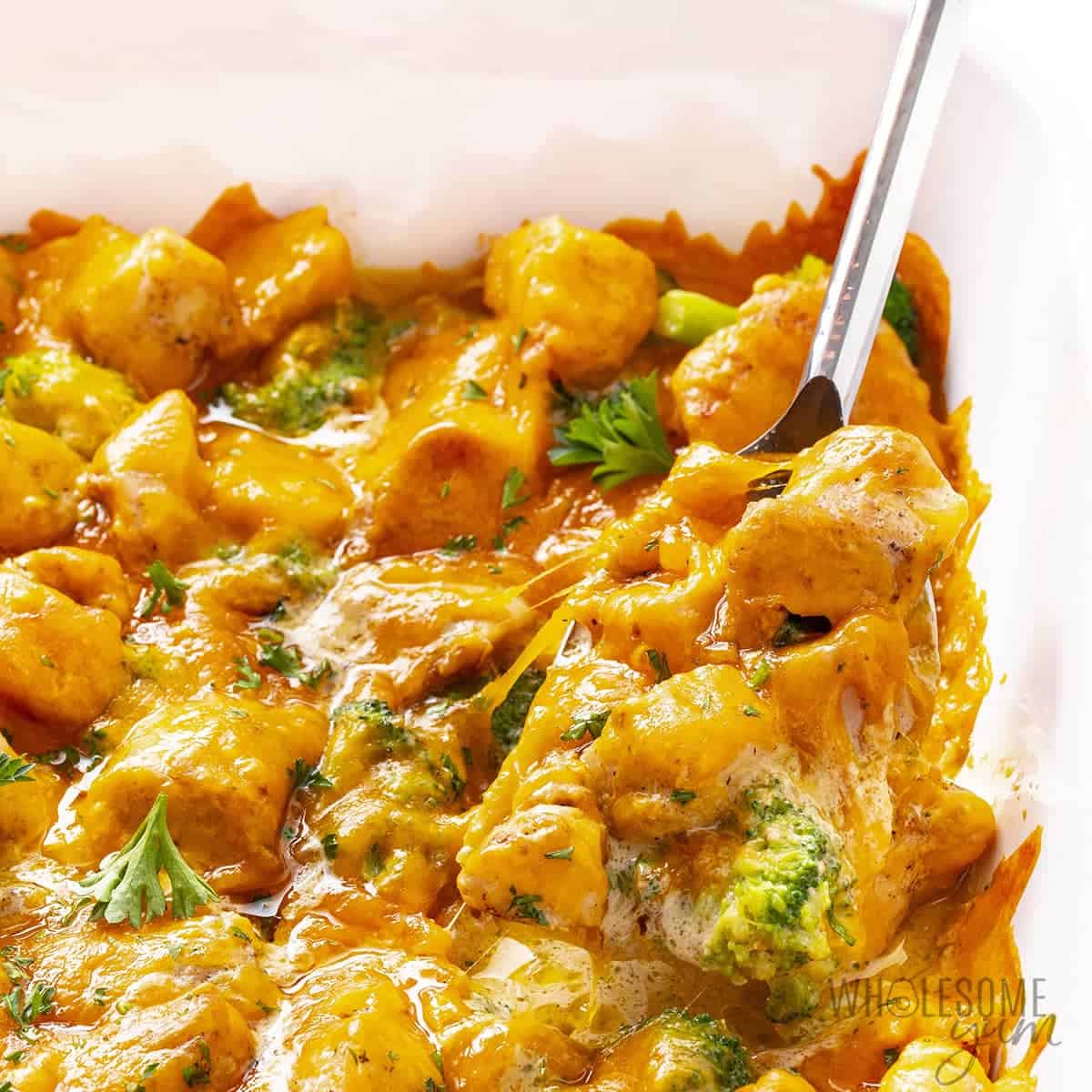 Chicken and broccoli casserole with spoon