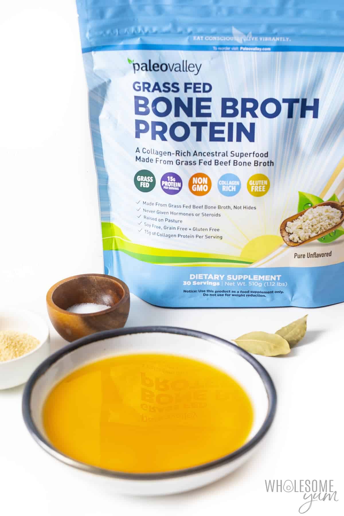 Bone broth recipe next to Paleovalley Bone Broth Protein package