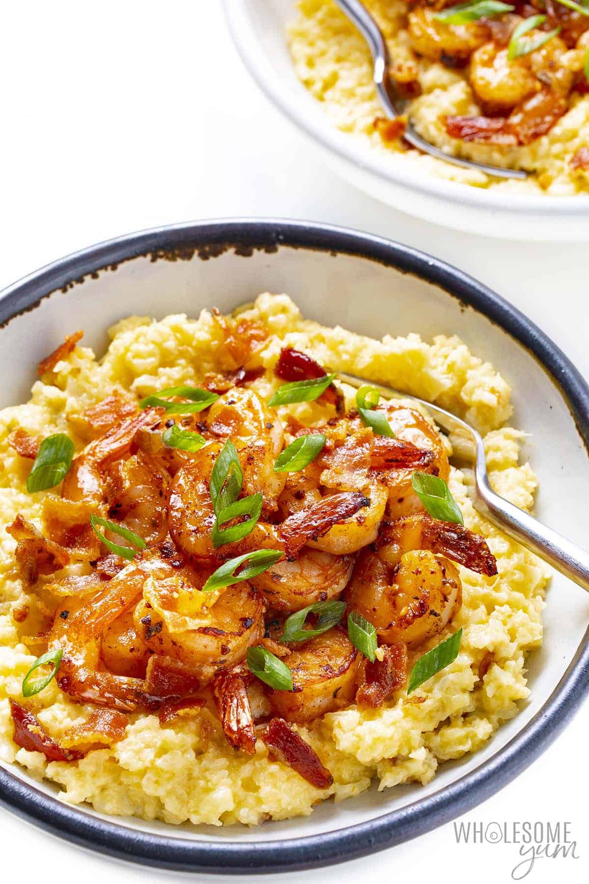 Cauliflower grits with shrimp plated