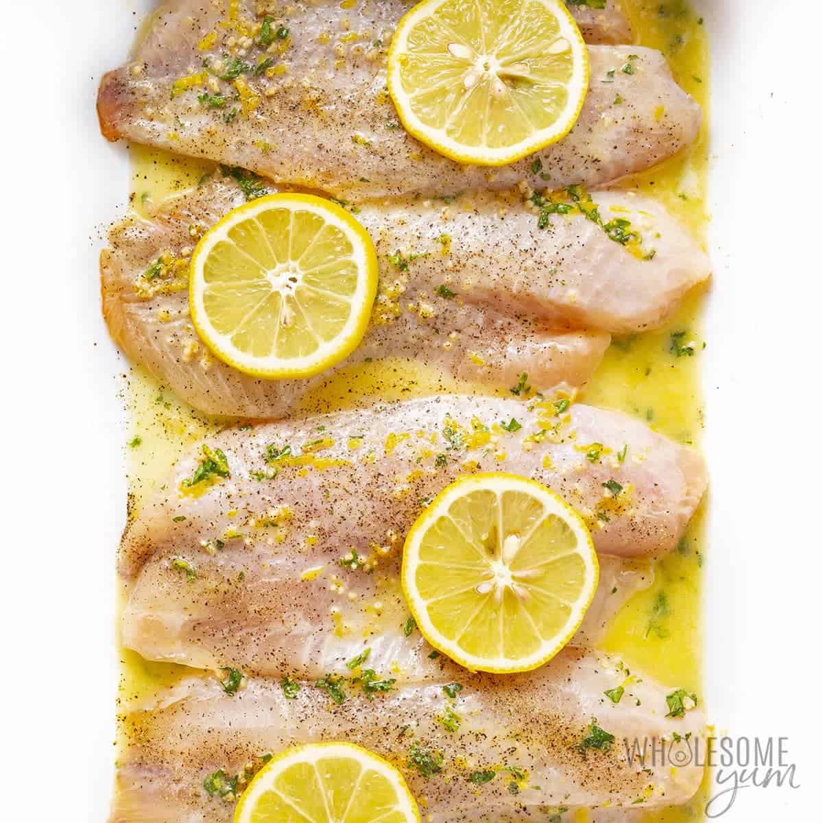 Raw tilapia with lemon butter sauce and lemon slices, before baking.