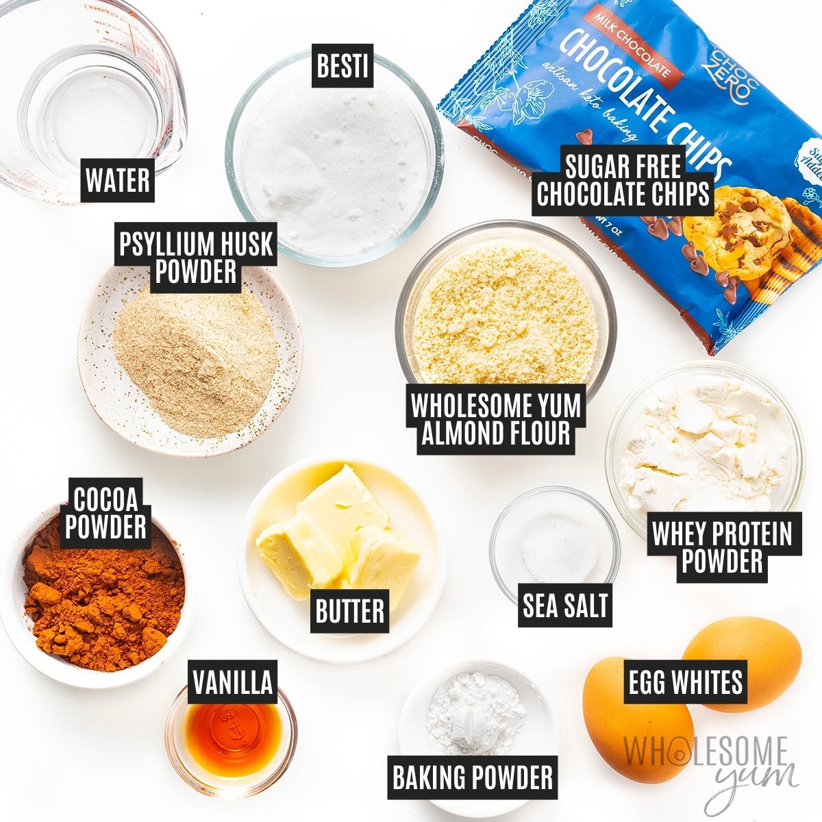 Recipe ingredients in small bowls with labels.