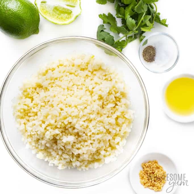 Cilantro cauliflower rice ingredients in bowls