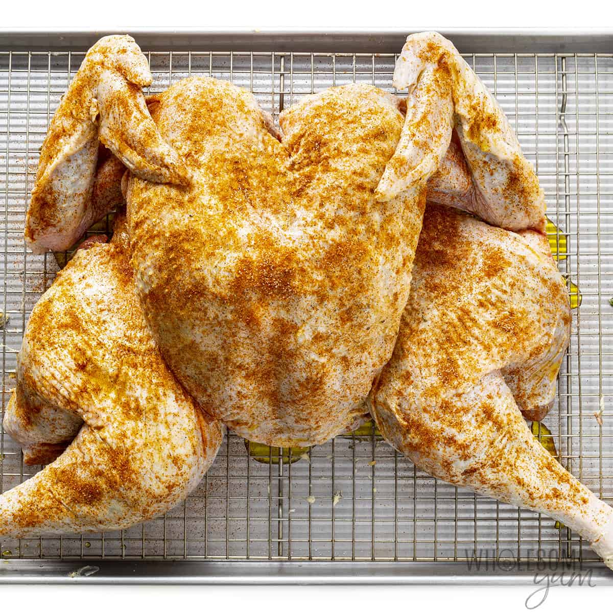 Seasoned spatchcock turkey on roasting pan