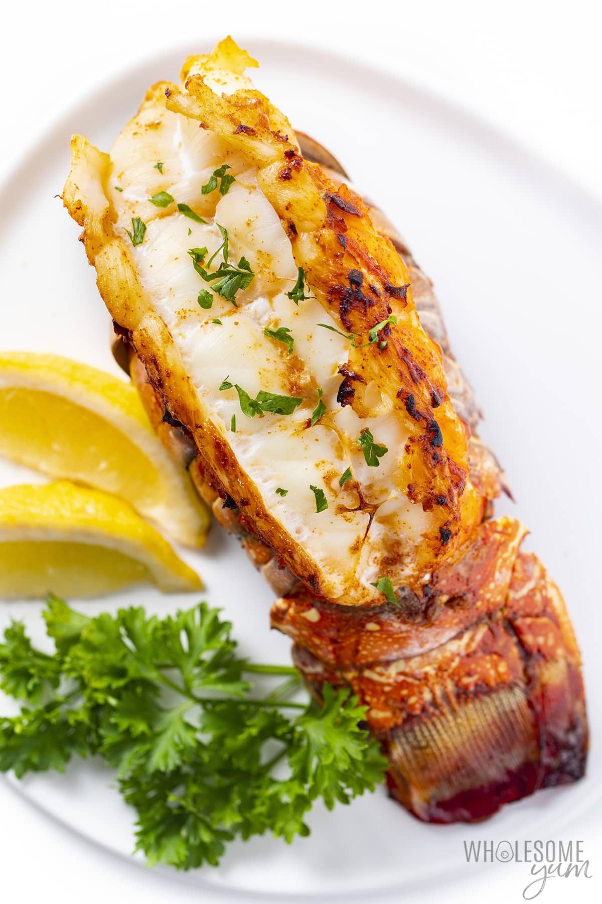 Broiled lobster tail on a plate.