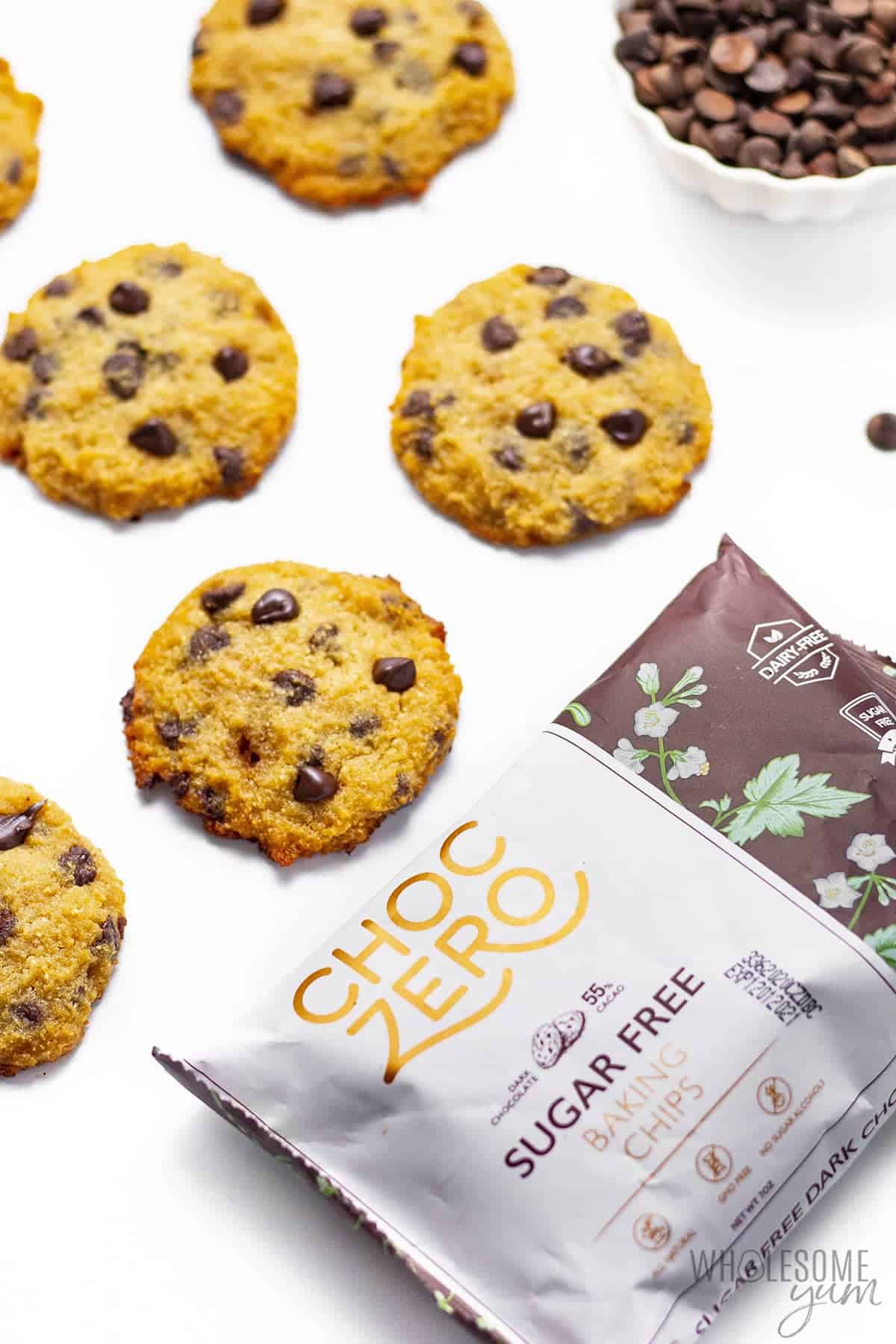 Coconut flour chocolate chip cookies with bag of ChocZero chocolate chips