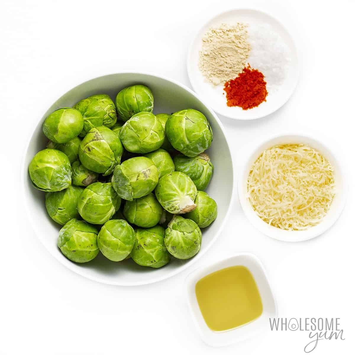 Smashed brussels sprouts recipe ingredients in bowls