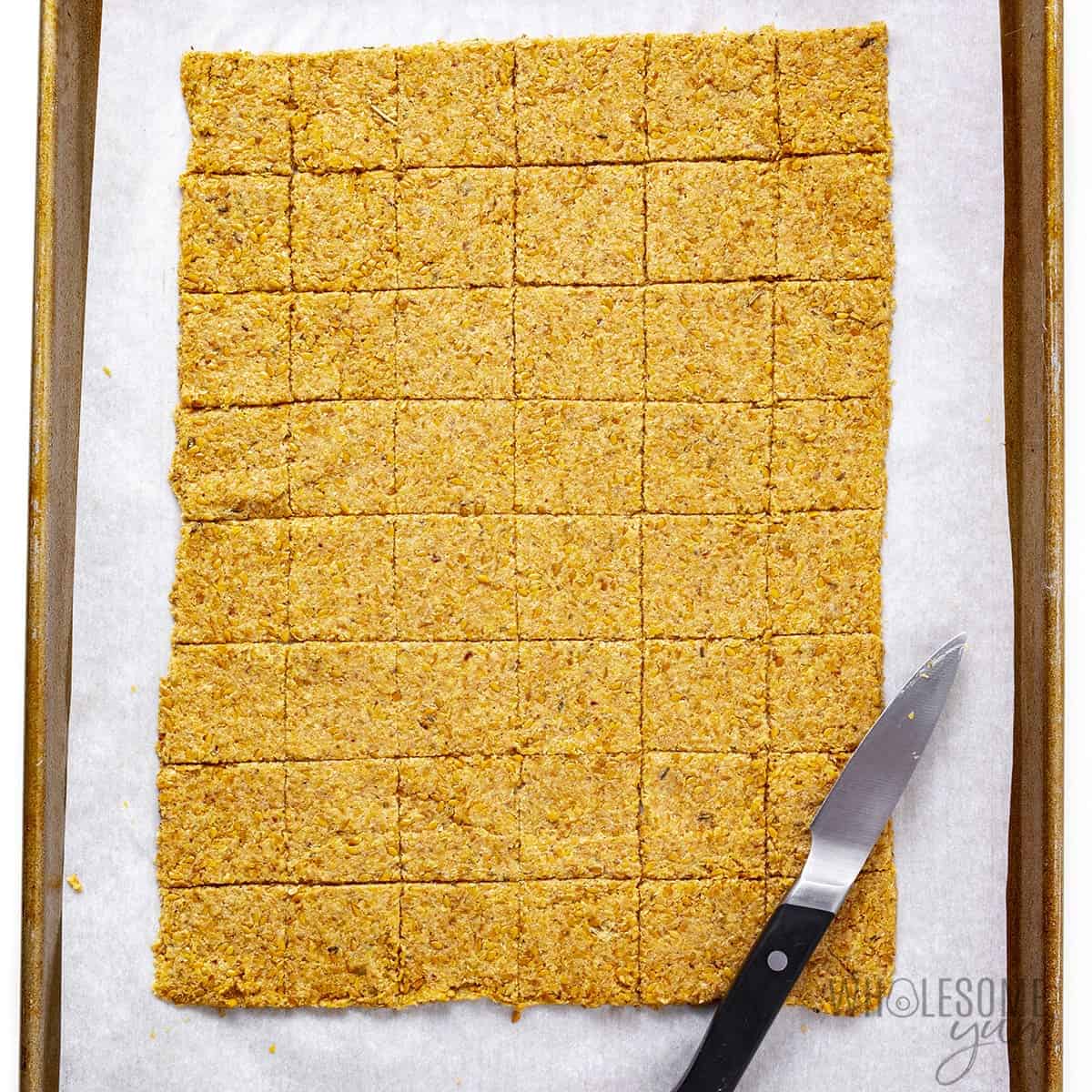 Cracker dough scored on a baking sheet