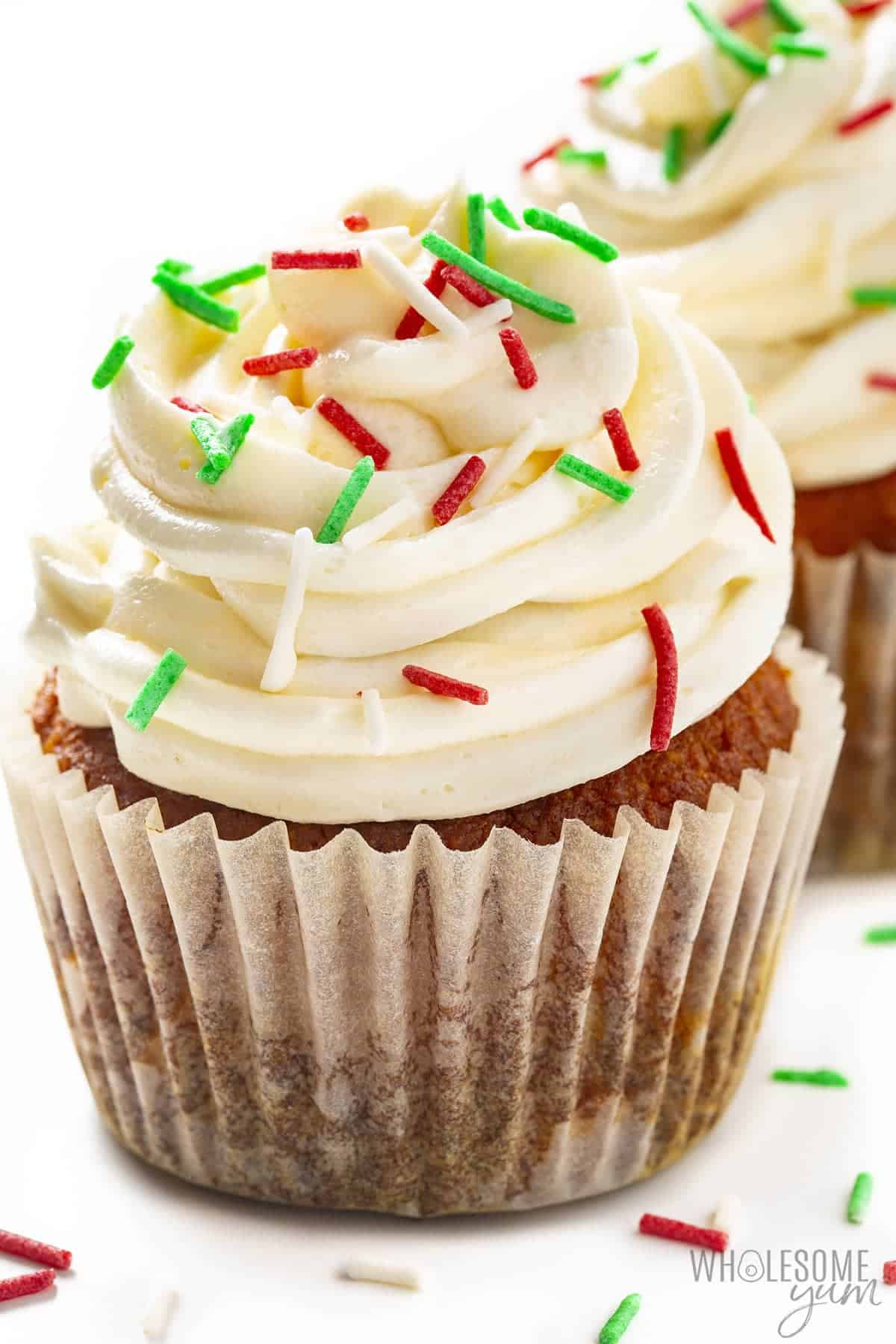 Sugar free buttercream on top of a cupcake with sprinkles