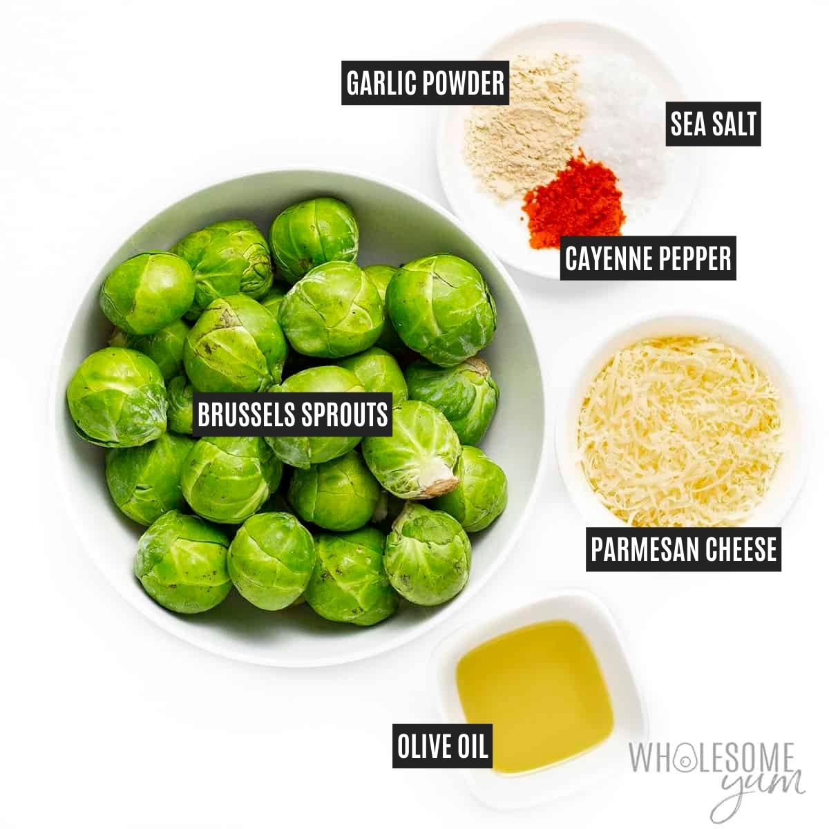 Smashed brussels sprouts recipe ingredients in bowls.