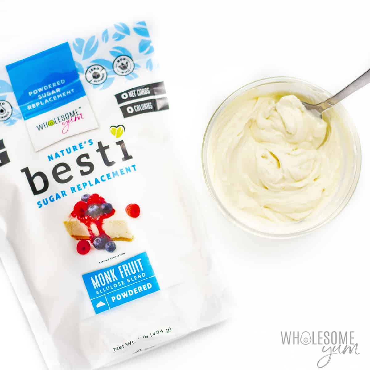 Cream cheese frosting with Besti in a bowl