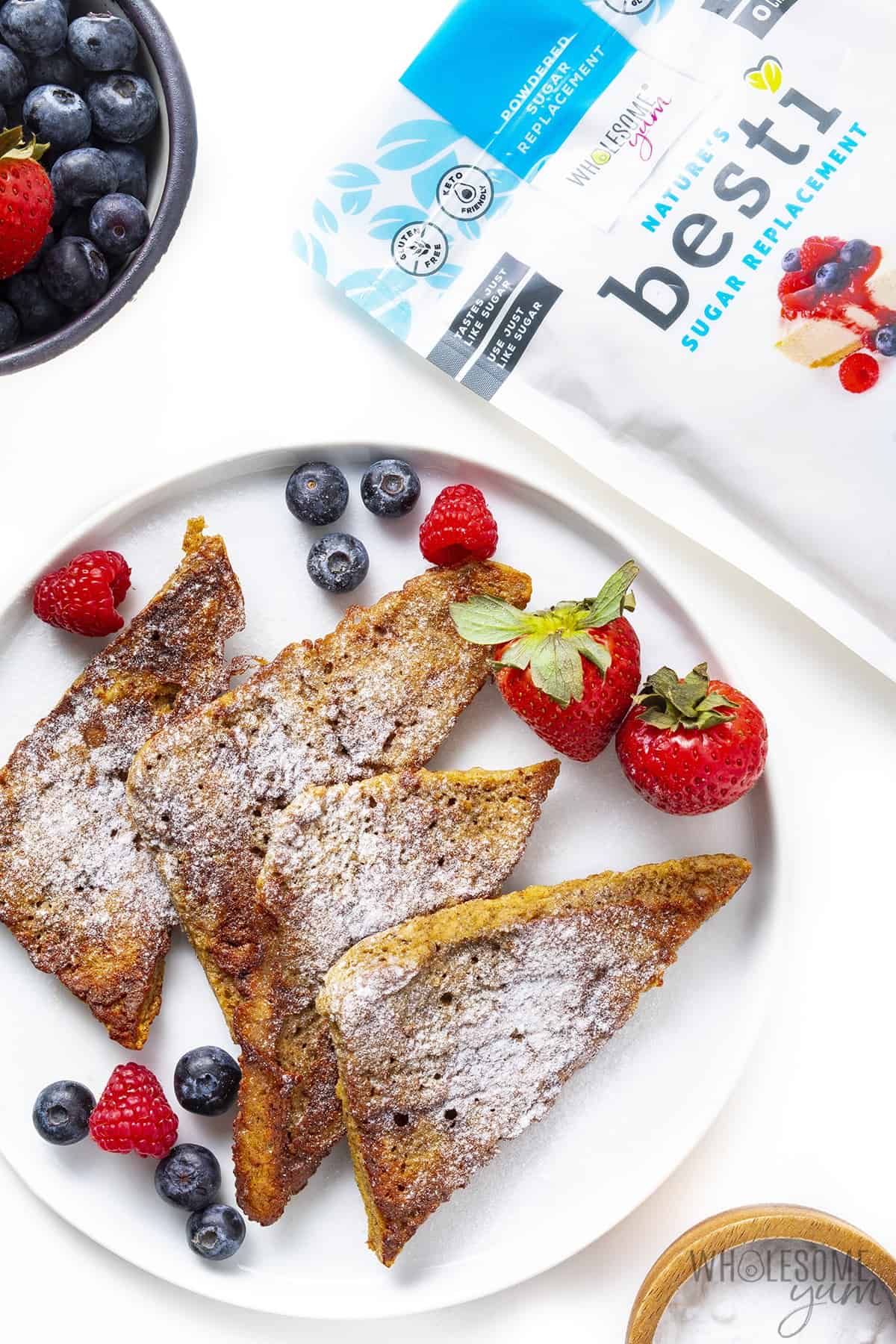 Low carb French toast next to bag of Besti Powdered Monk Fruit Allulose Blend