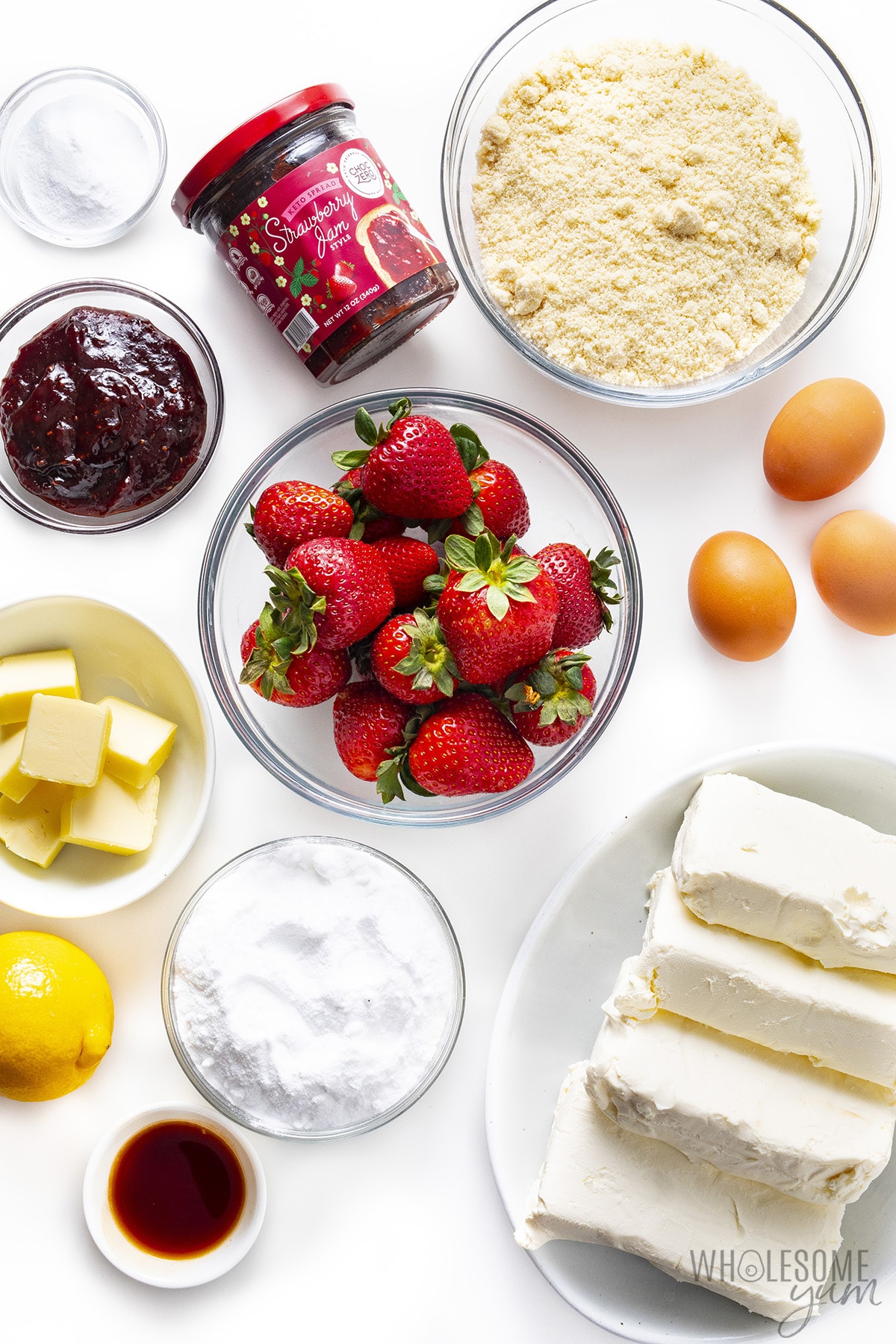 Sugar-free strawberry cheesecake ingredients.