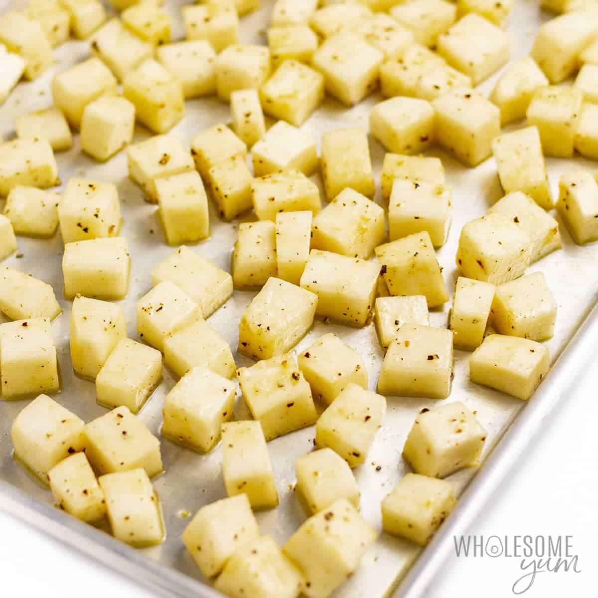 Cubed swedes on a sheet pan