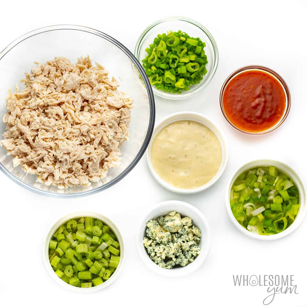 Ingredients to make buffalo chicken salad recipe.