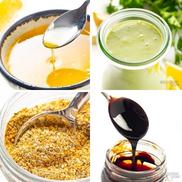 Healthy sauces, dressings, and seasonings collage.