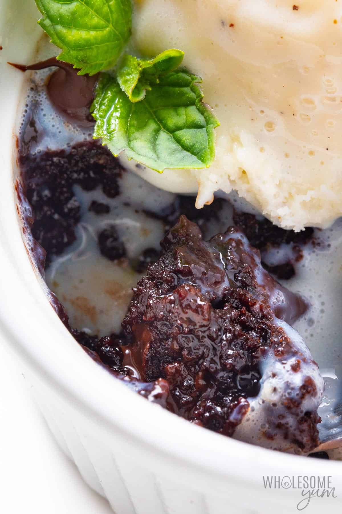 Healthy mug brownie close up with ice cream and mint sprig